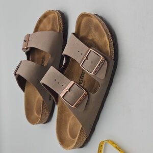Birkenstock Taupe Two-Strap Sandals with Rose Gold Buckles